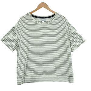 Nicole Miller T Shirt Top Womens Large White Black Striped Knit Rayon Pullover